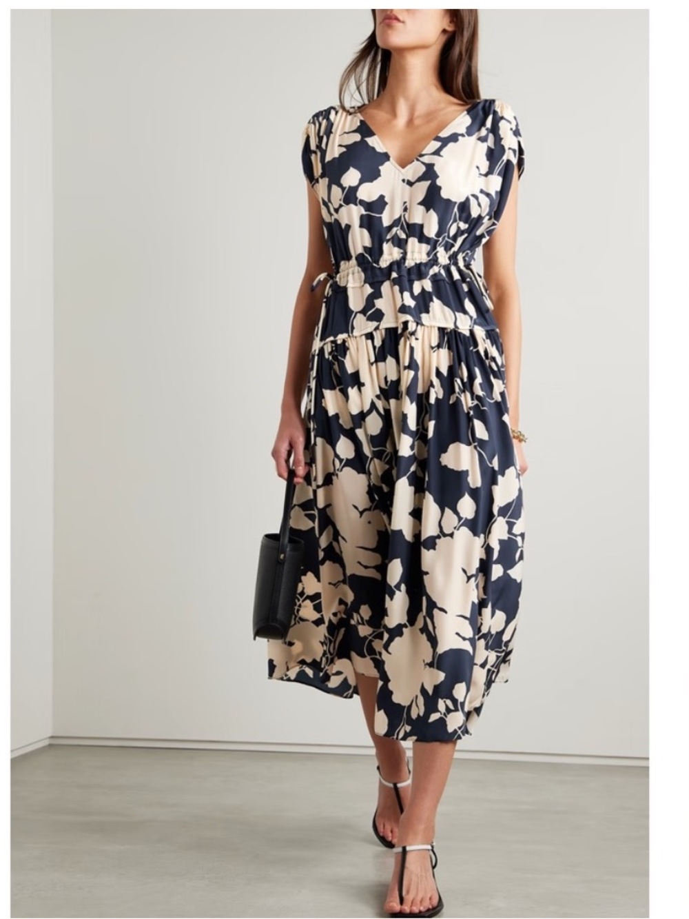 NWT La Ligne Natalie Ruffle Midi Dress Flora Floral Printed Navy Cream small